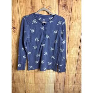 Aerie Waffle Knit Floral Long Sleeved Shirt Dusty Blue Women's Size L